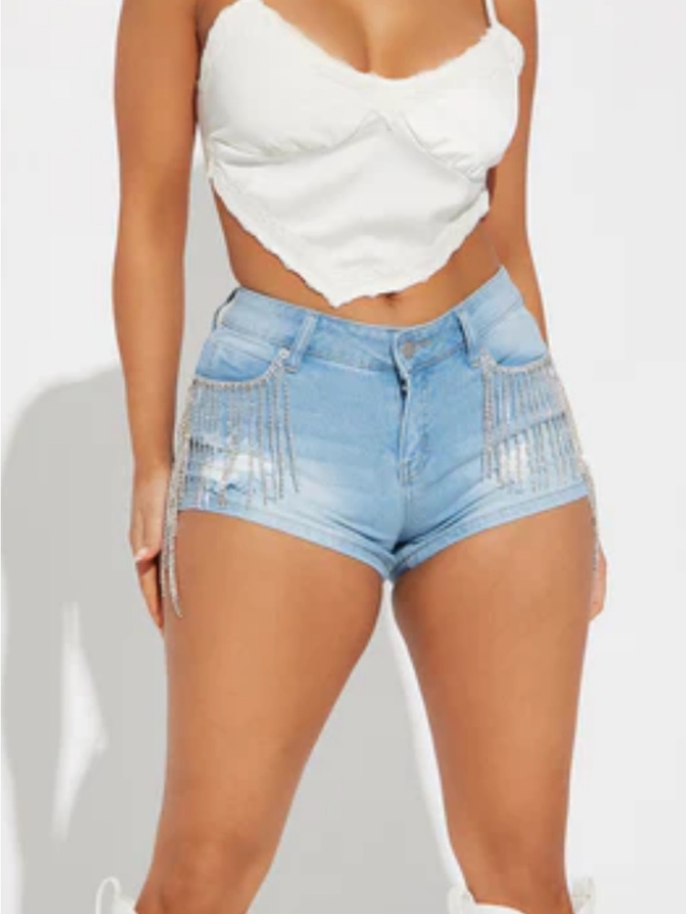 Fashion Nova Light Blue Denim Fringe Jean Shorts with Gold Tassels